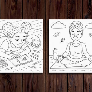 May include: Two black and white coloring pages. The first page features a young person lying down drawing in a notebook with a cat sleeping nearby. The second page features a person sitting in a lotus position meditating with a water bottle and incense.