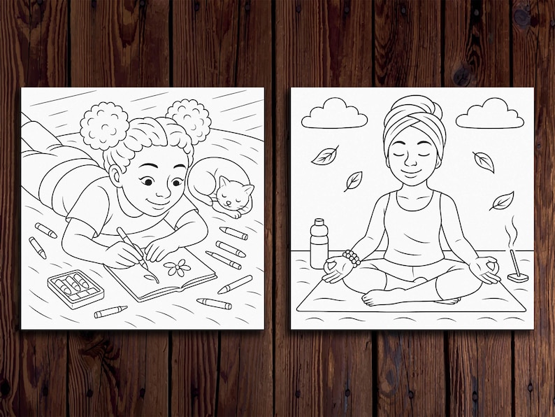 May include: Two black and white coloring pages. The first page features a young person lying down drawing in a notebook with a cat sleeping nearby. The second page features a person sitting in a lotus position meditating with a water bottle and incense.