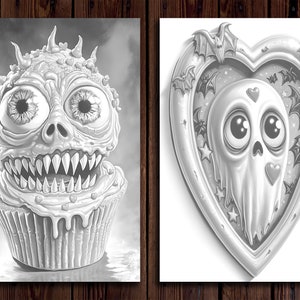 May include: Two black and white illustrations. The first is a cupcake with a monster face and the second is a ghost in a heart-shaped frame with bats.