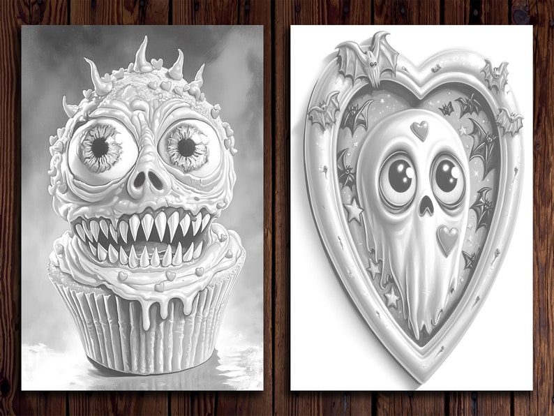 May include: Two black and white illustrations. The first is a cupcake with a monster face and the second is a ghost in a heart-shaped frame with bats.