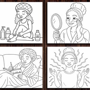 Op de afbeelding: Zwart-wit illustratie in vier panelen die zelfzorgactiviteiten weergeeft. E&eacute;n paneel toont een persoon die lotion aanbrengt, een ander die een spiegel gebruikt, een derde die in een boek schrijft met het opschrift "Gratitude", en de laatste die een koptelefoon draagt.
