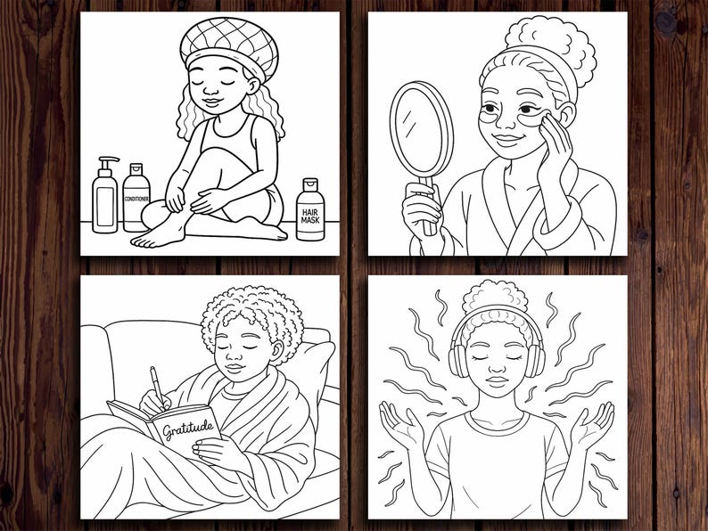 Op de afbeelding: Zwart-wit illustratie in vier panelen die zelfzorgactiviteiten weergeeft. E&eacute;n paneel toont een persoon die lotion aanbrengt, een ander die een spiegel gebruikt, een derde die in een boek schrijft met het opschrift "Gratitude", en de laatste die een koptelefoon draagt.