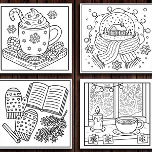 Puede incluir: Cuatro ilustraciones cuadradas en blanco y negro con temas de invierno. Una muestra una taza de chocolate caliente con un bast&oacute;n de caramelo, copos de nieve y pi&ntilde;as. Otra representa un globo de nieve con una casa y una bufanda. La tercera muestra mitones y un libro. La &uacute;ltima muestra una vela y una taza de t&eacute;.