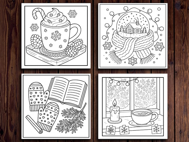 Puede incluir: Cuatro ilustraciones cuadradas en blanco y negro con temas de invierno. Una muestra una taza de chocolate caliente con un bast&oacute;n de caramelo, copos de nieve y pi&ntilde;as. Otra representa un globo de nieve con una casa y una bufanda. La tercera muestra mitones y un libro. La &uacute;ltima muestra una vela y una taza de t&eacute;.