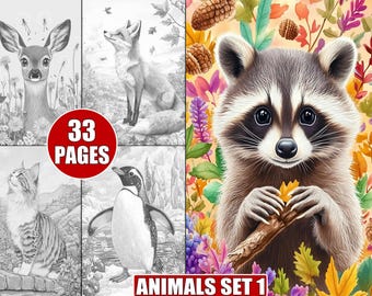 Dibujos para colorear de animales para adultos: Ilustraciones en escala de grises (Descarga digital del set 1)