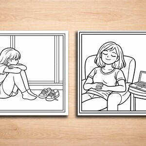 May include: Two black and white illustrations. The first shows a person sitting by a window with shoes nearby. The second shows a person sitting in a chair with a laptop on a side table. Both images are in a square frame.