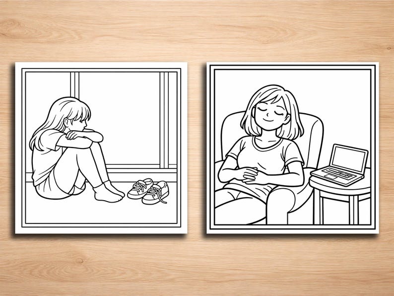 May include: Two black and white illustrations. The first shows a person sitting by a window with shoes nearby. The second shows a person sitting in a chair with a laptop on a side table. Both images are in a square frame.