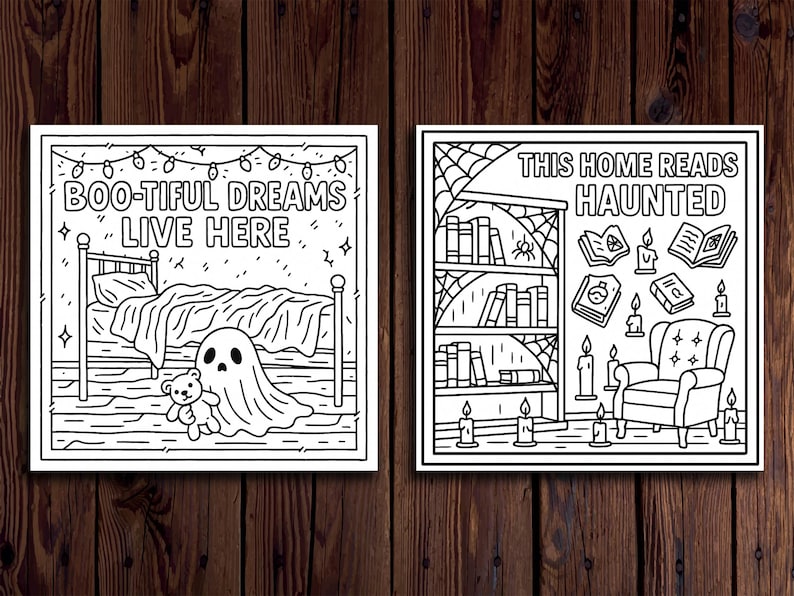 K&ouml;nnte beinhalten: Zwei schwarz-wei&szlig;e Halloween-Kunstdrucke. Einer zeigt ein Bett mit einem Geist und dem Text "BOO-TIFUL DREAMS LIVE HERE". Der andere zeigt ein B&uuml;cherregal, B&uuml;cher, Kerzen und den Text "THIS HOME READS HAUNTED".