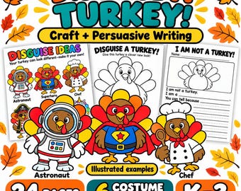 Disguise a Turkey Craft and Writing Pack, Thanksgiving Activity with Templates and Costume Cutouts