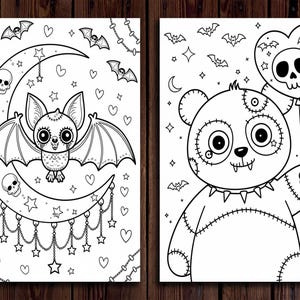 May include: Two black and white coloring pages featuring cute Halloween characters. The first page shows a bat with big eyes hanging from a crescent moon. The second page shows a stitched panda bear holding a heart-shaped balloon with a skull.