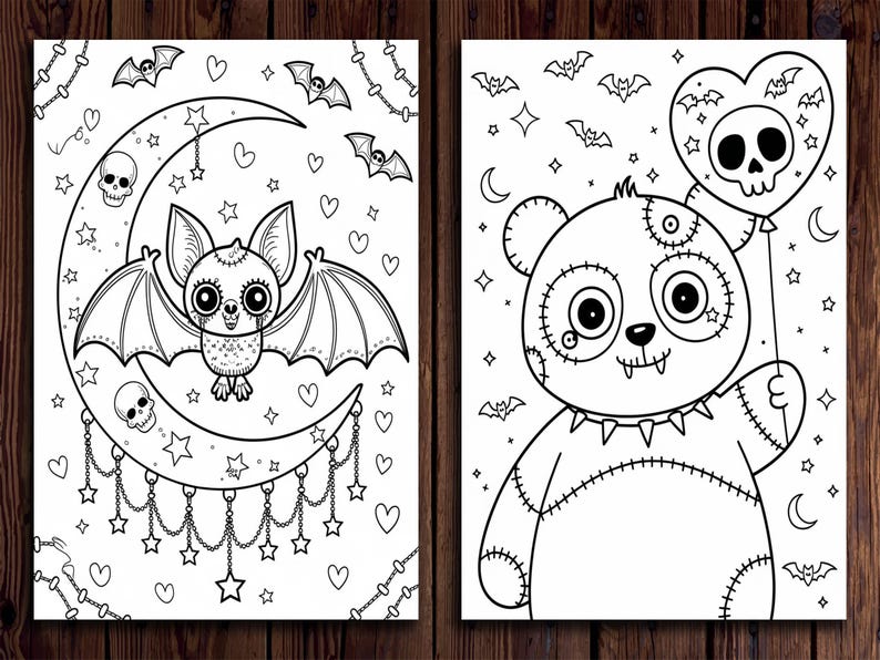 May include: Two black and white coloring pages featuring cute Halloween characters. The first page shows a bat with big eyes hanging from a crescent moon. The second page shows a stitched panda bear holding a heart-shaped balloon with a skull.