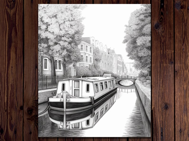 May include: A black and white pencil drawing of a narrow canal in a city. A small boat is docked on the left side of the canal, and a bridge crosses the canal in the background. The buildings on either side of the canal are tall and narrow, and there are trees on both sides of the canal.