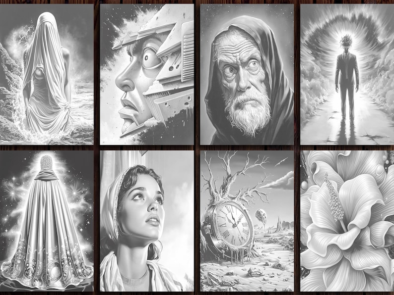 60 Grayscale Painting Coloring Pages: Artistic Designs (printable PDF ...