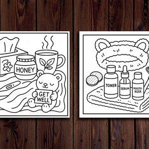 K&ouml;nnte beinhalten: Schwarz-Wei&szlig;-Strichzeichnung von zwei quadratischen Bildern. Eines zeigt eine Taschentuchbox, ein Honigglas, eine Teetasse, ein Thermometer und einen Teddyb&auml;ren mit einem "Get Well"-Schild. Das andere zeigt Hautpflegeartikel.