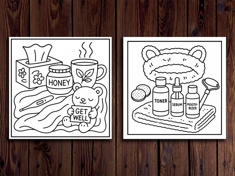 K&ouml;nnte beinhalten: Schwarz-Wei&szlig;-Strichzeichnung von zwei quadratischen Bildern. Eines zeigt eine Taschentuchbox, ein Honigglas, eine Teetasse, ein Thermometer und einen Teddyb&auml;ren mit einem "Get Well"-Schild. Das andere zeigt Hautpflegeartikel.