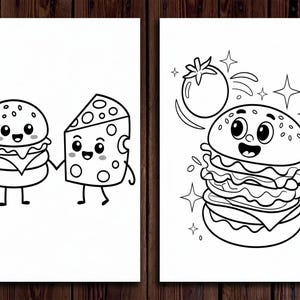 Pu&ograve; includere: Due disegni in bianco e nero di cibo da cartone animato. Il primo disegno mostra un hamburger con una fetta di formaggio e un pezzo di formaggio con un viso sorridente. Il secondo disegno mostra un hamburger con un pomodoro e stelle intorno.