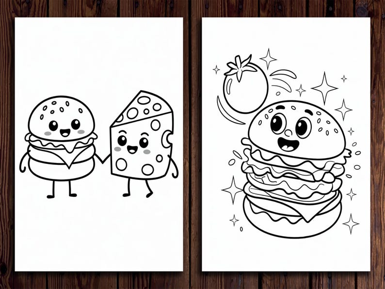Pu&ograve; includere: Due disegni in bianco e nero di cibo da cartone animato. Il primo disegno mostra un hamburger con una fetta di formaggio e un pezzo di formaggio con un viso sorridente. Il secondo disegno mostra un hamburger con un pomodoro e stelle intorno.