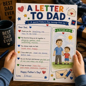 Peut inclure: Une carte de la fête des pères avec le texte "A Letter to Dad". La carte contient un message manuscrit et un dessin d'un père et d'un enfant. Des cœurs et des étoiles décorent la carte. L'enfant tient la carte.