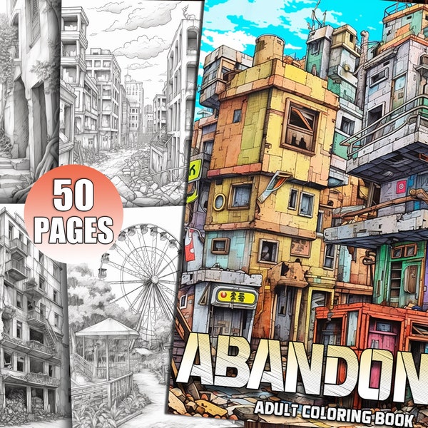 50 Abandoned City Coloring Pages for Adults, Halloween Town Coloring Book for Relaxation & Stress Relief, Printable PDF, Digital Download
