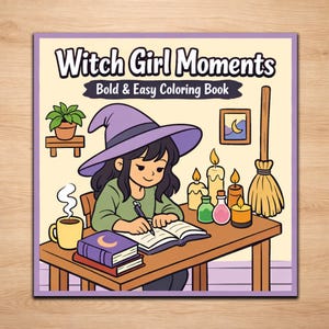 Könnte beinhalten: Ein quadratisches Malbuch mit dem Titel "Witch Girl Moments" mit einem Cartoon-Hexenmädchen, das einen lila Hut trägt und in ein Buch schreibt. Das Bild enthält einen Besen, Kerzen und eine Kaffeetasse. Das Buch trägt die Aufschrift "Bold & Easy Coloring Book".