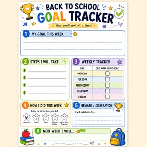 Puede incluir: Una hoja imprimible de seguimiento de objetivos Back to School con secciones para metas semanales, pasos, un rastreador diario de lunes a viernes, una escala de autoevaluación con caras de estrellas y una sección de recompensas.