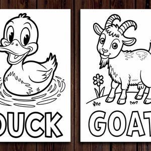 K&ouml;nnte beinhalten: Zwei Schwarz-Wei&szlig;-Illustrationen auf wei&szlig;em Hintergrund. Eine zeigt eine Cartoon-Ente im Wasser mit dem Wort "DUCK" darunter. Die andere zeigt eine Cartoon-Ziege mit dem Wort "GOAT" darunter. Die Bilder sind zum Ausmalen.