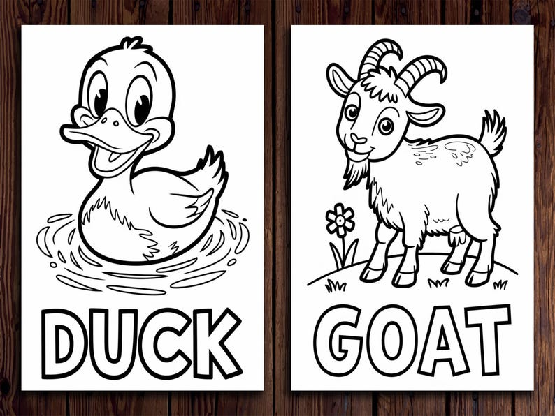 K&ouml;nnte beinhalten: Zwei Schwarz-Wei&szlig;-Illustrationen auf wei&szlig;em Hintergrund. Eine zeigt eine Cartoon-Ente im Wasser mit dem Wort "DUCK" darunter. Die andere zeigt eine Cartoon-Ziege mit dem Wort "GOAT" darunter. Die Bilder sind zum Ausmalen.