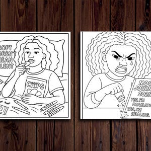 Puede incluir: Dos ilustraciones en blanco y negro. La primera muestra a una persona comiendo patatas fritas en la cama, con el texto "SOFT DOESN'T MEAN SILENT". La segunda muestra a una persona rociando algo sobre un diario "MOOD JOURNAL 2025".