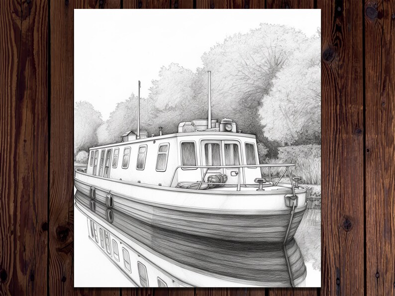 May include: A black and white pencil drawing of a boat docked in a canal. The boat is surrounded by trees and the water is reflecting the boat.