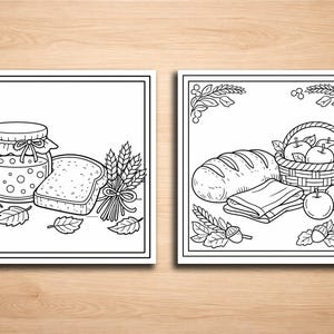 May include: Two black and white illustrations of food items. One shows a jar of jam, a slice of bread, and wheat. The other shows a loaf of bread, a basket of apples, and a folded cloth.