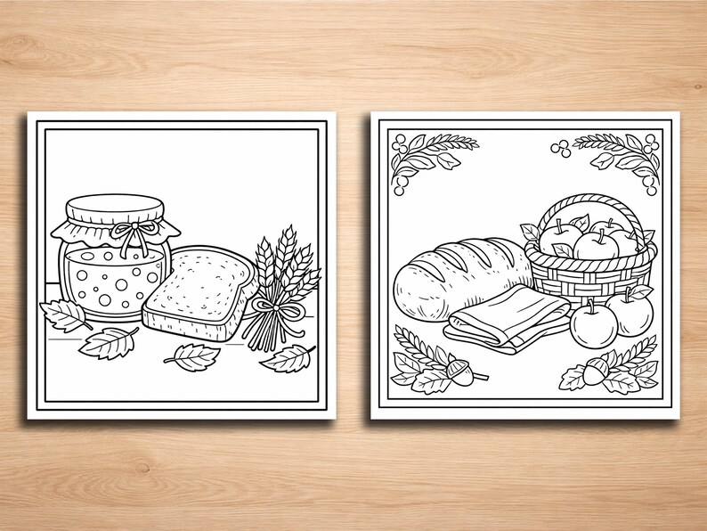May include: Two black and white illustrations of food items. One shows a jar of jam, a slice of bread, and wheat. The other shows a loaf of bread, a basket of apples, and a folded cloth.