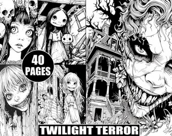 Creepy Horror Coloring Pages for Adults: Grayscale Halloween Art (Digital Download)