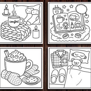 K&ouml;nnte beinhalten: Vier quadratische Illustrationen in Schwarzwei&szlig; zeigen gem&uuml;tliche Szenen. Eine zeigt eine Tasse mit "comfort", eine Kerze, Socken und ein Kissen. Eine andere zeigt ein Buch, Sterne, eine Tasse und eine Katze. Die dritte zeigt eine Tasse hei&szlig;e Schokolade, F&auml;ustlinge und einen Keks. Die letzte zeigt Pyjamas, Hausschuhe und einen Teddyb&auml;ren.