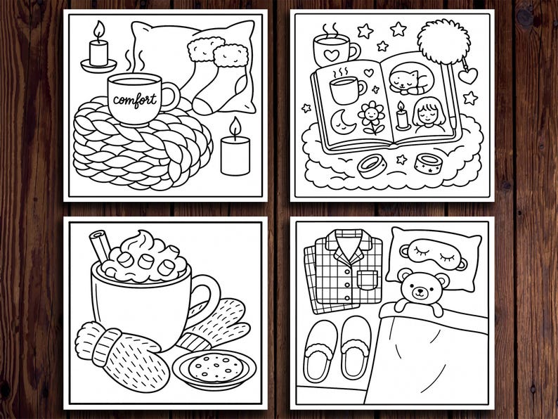 K&ouml;nnte beinhalten: Vier quadratische Illustrationen in Schwarzwei&szlig; zeigen gem&uuml;tliche Szenen. Eine zeigt eine Tasse mit "comfort", eine Kerze, Socken und ein Kissen. Eine andere zeigt ein Buch, Sterne, eine Tasse und eine Katze. Die dritte zeigt eine Tasse hei&szlig;e Schokolade, F&auml;ustlinge und einen Keks. Die letzte zeigt Pyjamas, Hausschuhe und einen Teddyb&auml;ren.