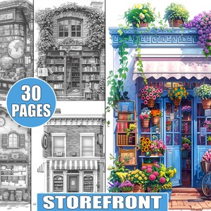 Op de afbeelding: Een winkelgevel met een blauwe deur en ramen, versierd met bloemen en planten. De winkelgevel heeft een bord met de tekst "Storefront" en een bord boven de deur met de tekst "30 Pagina's".