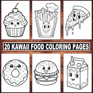 Kawaii Food Coloring Pages Digital Download | 20 uroczych i zabawnych wzorów dla dzieci | Chibi Snacks, Cartoon Food i sztuka inspirowana Japonią