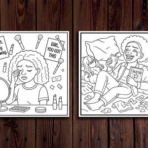 Puede incluir: Dos ilustraciones en blanco y negro sobre un fondo de madera. Una muestra a una persona llorando con maquillaje y el texto "Feel it. Slay anyway." La otra muestra a una persona riendo con una bebida y un libro que dice "Glitter."