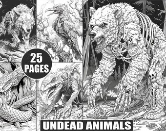Peut inclure: Un livre de coloriage en noir et blanc avec 25 pages d'animaux morts-vivants. La couverture présente un ours squelettique avec de la fourrure, debout dans une forêt.