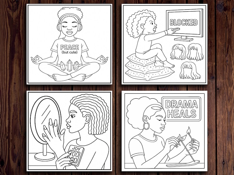 Puede incluir: Conjunto de cuatro ilustraciones en blanco y negro. El primer panel muestra a una persona meditando con auriculares y una camiseta que dice "PEACE (but cute)". El segundo panel muestra a una persona se&ntilde;alando un televisor que dice "BLOCKED". El tercer panel muestra a una persona mir&aacute;ndose en un espejo sosteniendo un tel&eacute;fono que dice "JOY". El cuarto panel muestra a una persona encendiendo una vela con el texto "DRAMA HEALS".