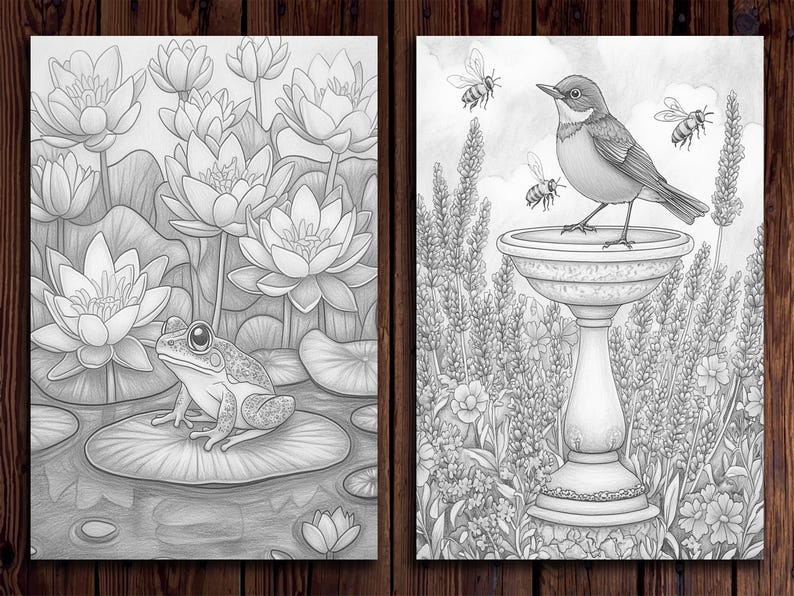 May include: Two black and white illustrations. The first shows a frog sitting on a lily pad in a pond with lily pads and flowers. The second shows a bird perched on a bird bath with bees flying around it.