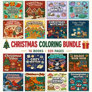 Pode incluir: Um pacote digital de 16 livros de colorir de Natal com um total de 320 páginas. A coleção apresenta várias capas ilustradas, incluindo Cozy Christmas, Christmas Cottages, Winter Vibes, Gingerbread Town e Christmas Witches.