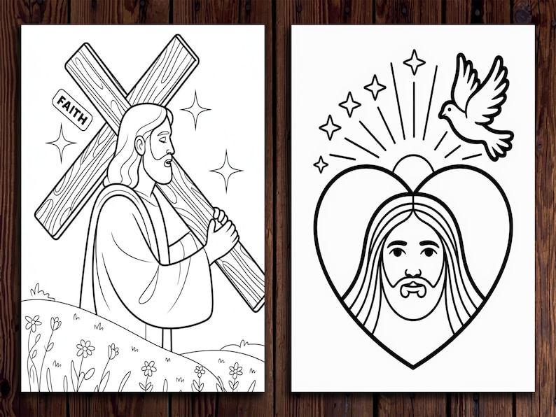 May include: Two black and white coloring pages featuring Jesus. The first page shows Jesus carrying a cross with the word "FAITH" written on it. The second page shows Jesus with a heart around his head and a dove flying above.