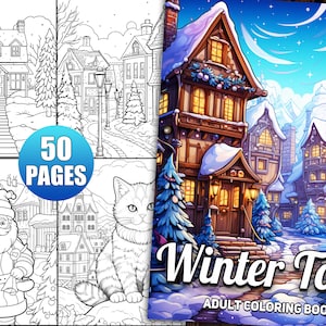 50 Winter Town Malseiten für Erwachsene, gemütliches Winter Malbuch zur Entspannung und zum Stressabbau, druckbare PDF-Datei, digitaler Download