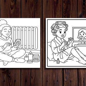 May include: Two black and white colouring pages. One shows a person sitting on the floor with a phone, candles, and a jar of cocoa butter. The other shows a person in a robe doing nails while watching TV.