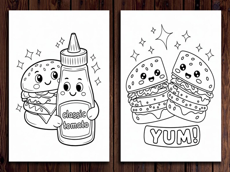 Pu&ograve; includere: Pagina da colorare in bianco e nero con due hamburger di cartoni animati con facce sorridenti e una bottiglia di ketchup con una faccia sorridente. La bottiglia di ketchup dice "classic tomato". Un hamburger sta tenendo la mano dell'altro hamburger. Il testo "YUM!" &egrave; sotto gli hamburger.