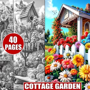 Könnte beinhalten: Eine farbenfrohe Cottage-Garten-Szene mit einem weißen Lattenzaun, einem kleinen Haus mit rotem Dach und einer Vielzahl von blühenden Blumen, darunter rote, rosa, gelbe und blaue Blumen. Der Text "COTTAGE GARDEN" befindet sich am unteren Rand des Bildes.