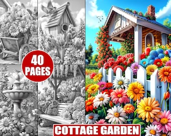 Cottage Garden Ausmalbilder: 40 Graustufen Blumen Motive (Printable)