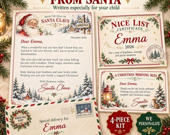 Personalized Santa Letter Kit, Nice List Certificate, Envelope and Christmas Morning Note, Printable PDF