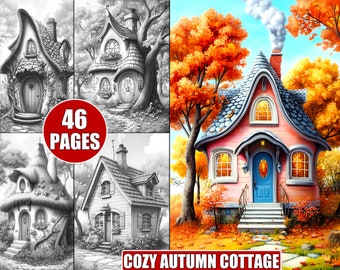 Puede incluir: Un libro para colorear con 46 páginas con ilustraciones de acogedoras casas de campo de otoño. La portada muestra una cabaña rosa con una puerta azul y una chimenea de la que sale humo. La cabaña está rodeada de coloridas hojas de otoño.
