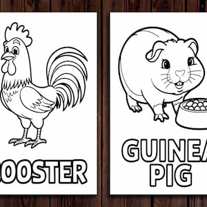 K&ouml;nnte beinhalten: Zwei Schwarz-Wei&szlig;-Illustrationen auf wei&szlig;em Papier. Eine zeigt einen Hahn mit dem Wort "ROOSTER" darunter. Die andere zeigt ein Meerschweinchen mit einer Futtersch&uuml;ssel und den Worten "GUINEA PIG" darunter.